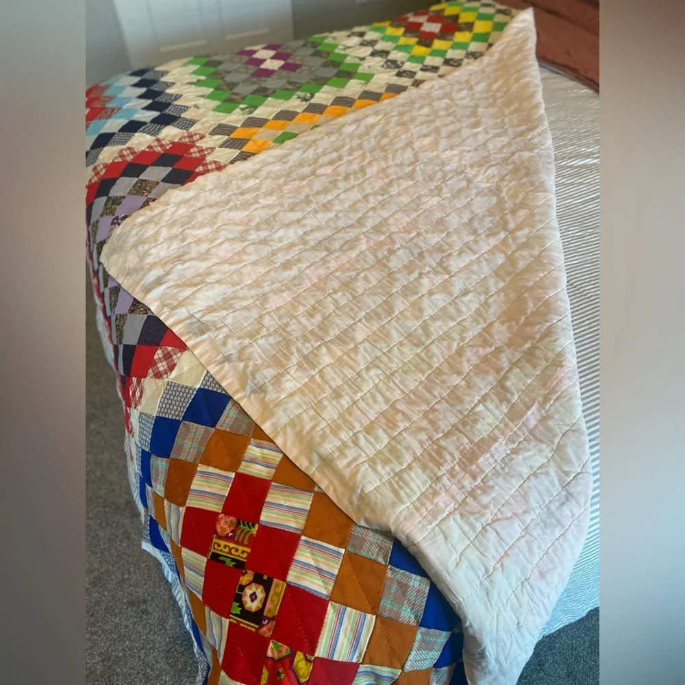 Handmade Multicolor Patchwork Quilt - Vibrant Checkerboard Bedding 99”/74”